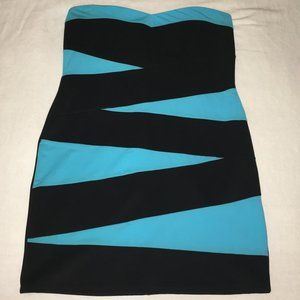 Black and Blue Mini Striped Strapless Dress